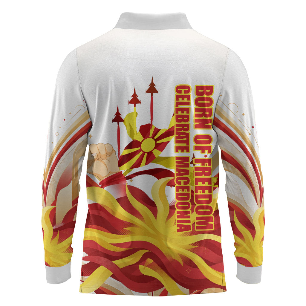 North Macedonia Independence Day Long Sleeve Polo Shirt Ilinden Monument Raised Fist Jets Flag