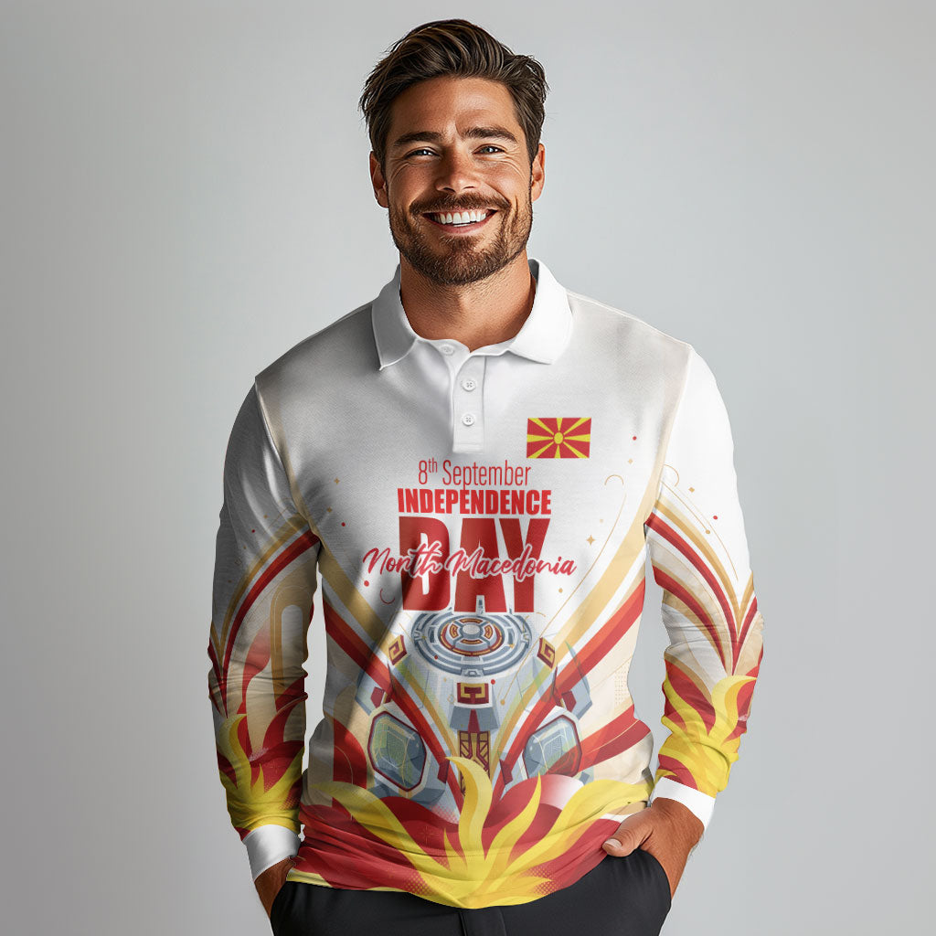North Macedonia Independence Day Long Sleeve Polo Shirt Ilinden Monument Raised Fist Jets Flag