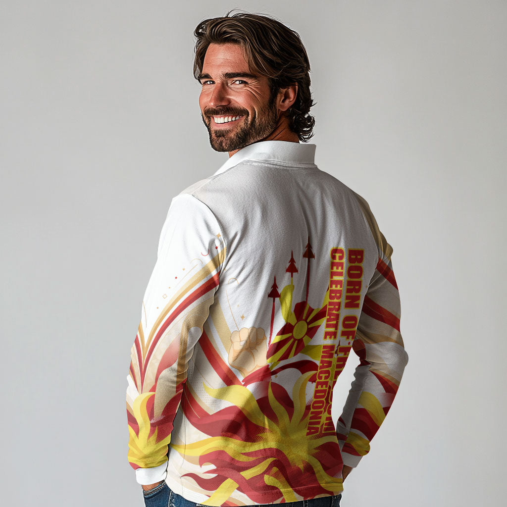 North Macedonia Independence Day Long Sleeve Polo Shirt Ilinden Monument Raised Fist Jets Flag