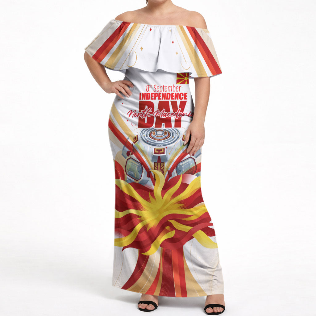North Macedonia Independence Day Off Shoulder Maxi Dress Ilinden Monument Raised Fist Jets Flag