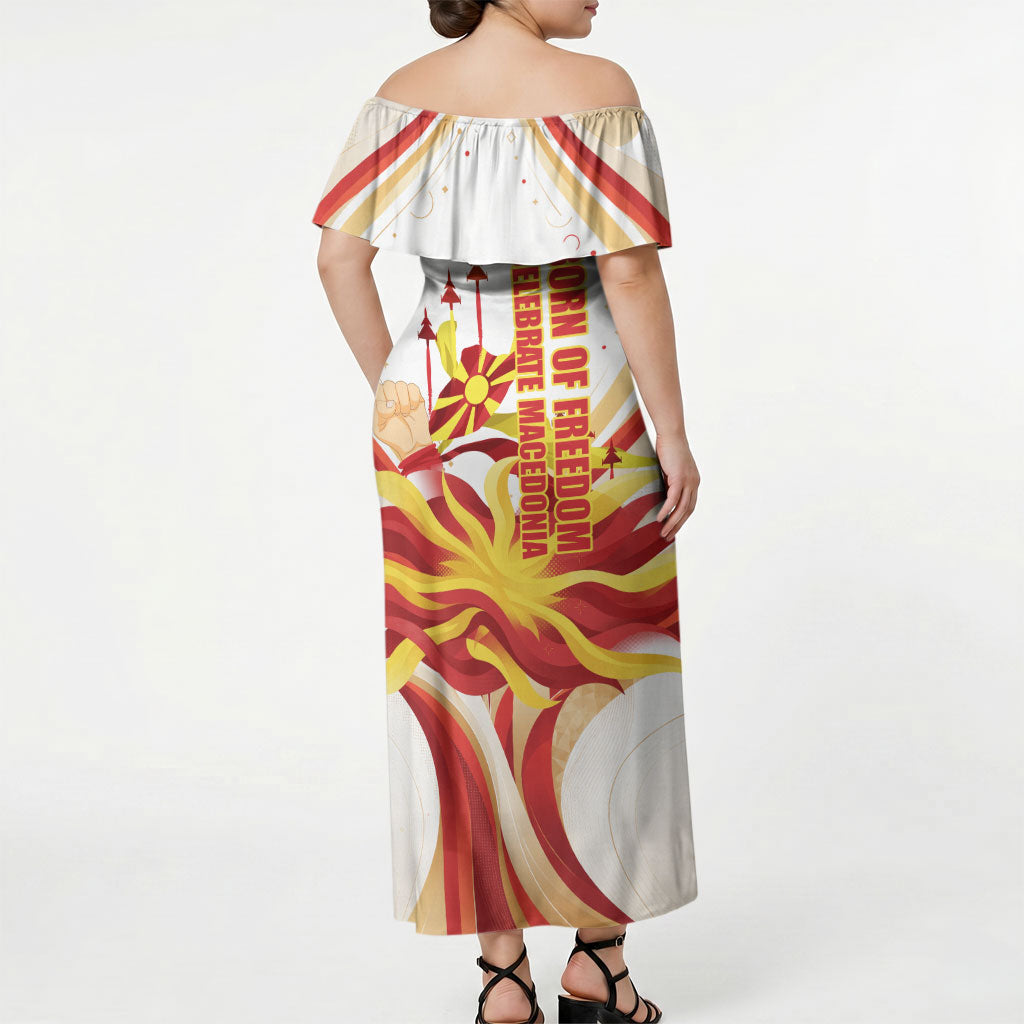 North Macedonia Independence Day Off Shoulder Maxi Dress Ilinden Monument Raised Fist Jets Flag