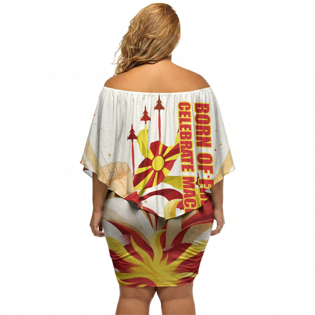 North Macedonia Independence Day Off Shoulder Short Dress Ilinden Monument Raised Fist Jets Flag