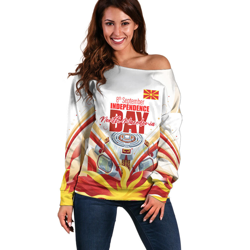 North Macedonia Independence Day Off Shoulder Sweater Ilinden Monument Raised Fist Jets Flag