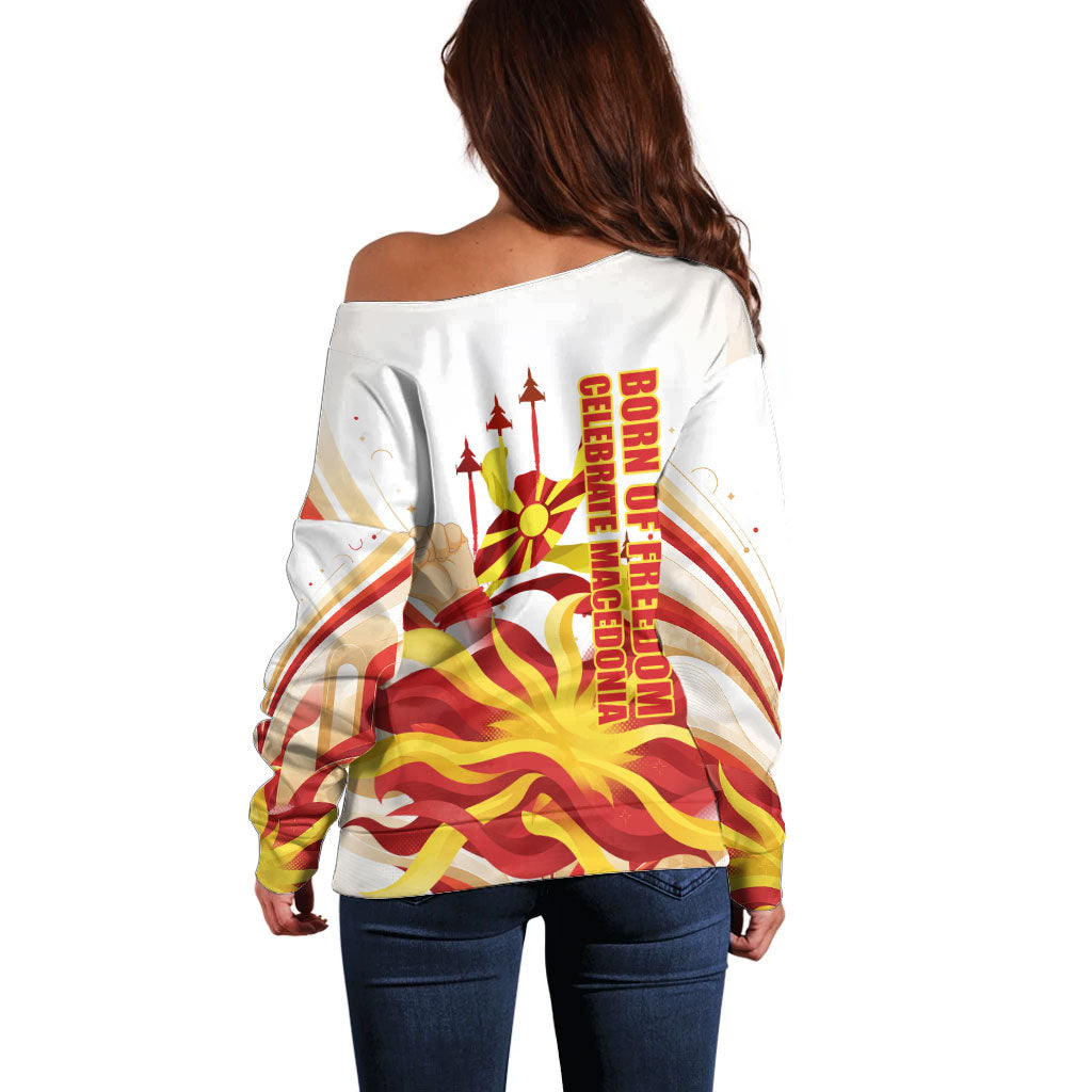 North Macedonia Independence Day Off Shoulder Sweater Ilinden Monument Raised Fist Jets Flag
