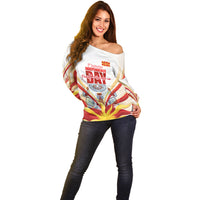 North Macedonia Independence Day Off Shoulder Sweater Ilinden Monument Raised Fist Jets Flag