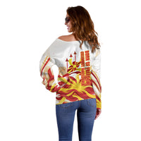 North Macedonia Independence Day Off Shoulder Sweater Ilinden Monument Raised Fist Jets Flag