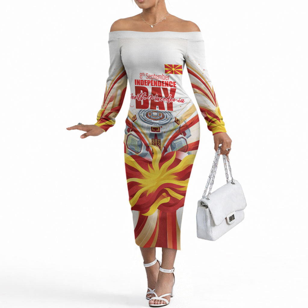 North Macedonia Independence Day Off The Shoulder Long Sleeve Dress Ilinden Monument Raised Fist Jets Flag