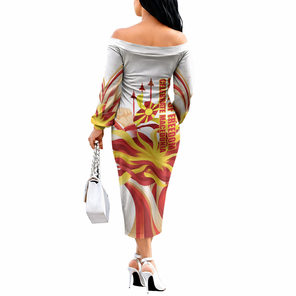 North Macedonia Independence Day Off The Shoulder Long Sleeve Dress Ilinden Monument Raised Fist Jets Flag