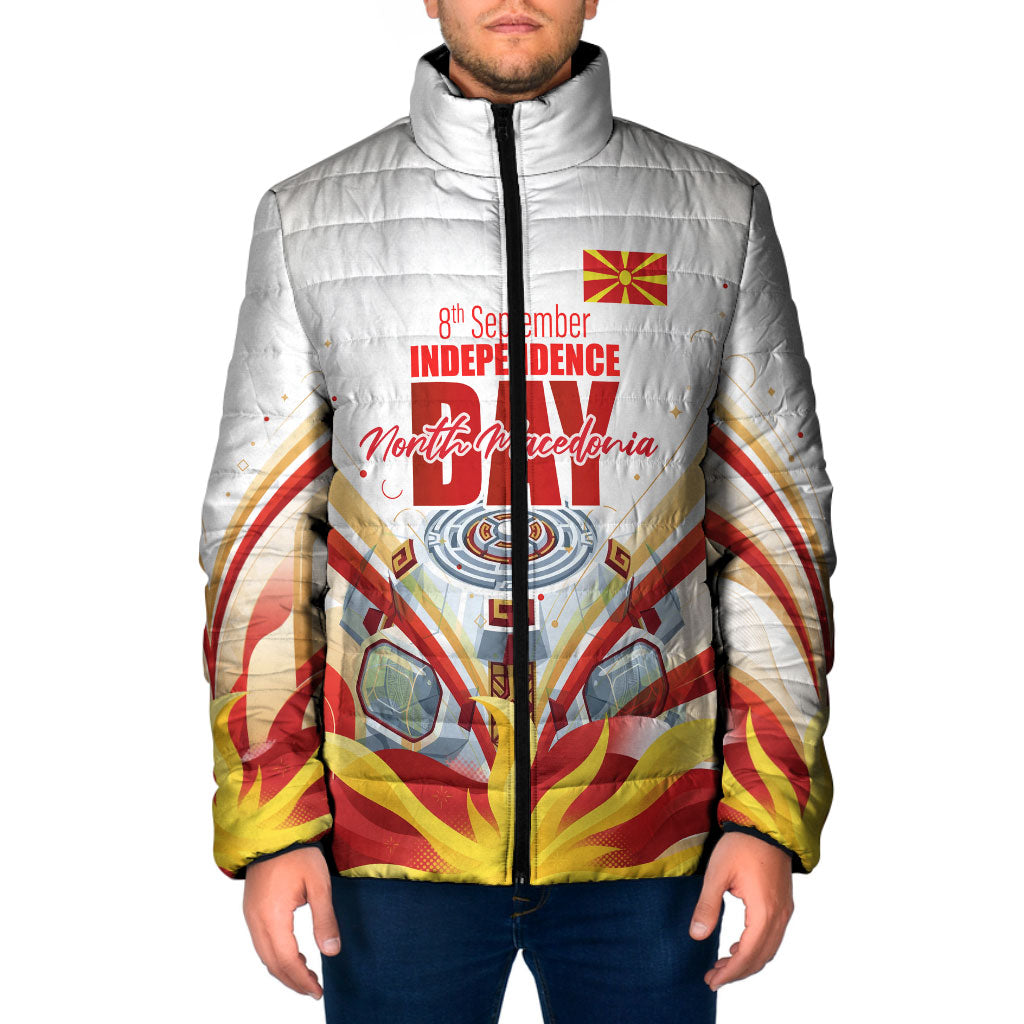 North Macedonia Independence Day Padded Jacket Ilinden Monument Raised Fist Jets Flag