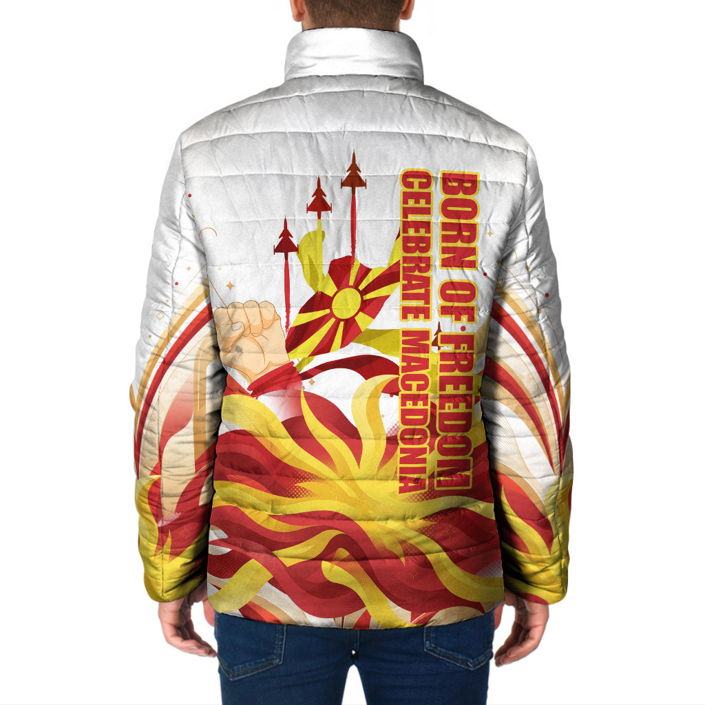 North Macedonia Independence Day Padded Jacket Ilinden Monument Raised Fist Jets Flag