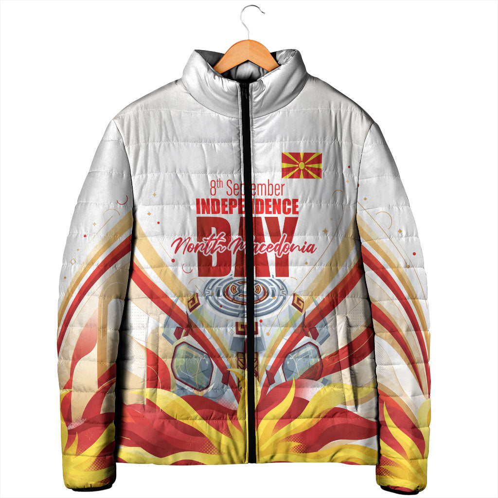 North Macedonia Independence Day Padded Jacket Ilinden Monument Raised Fist Jets Flag
