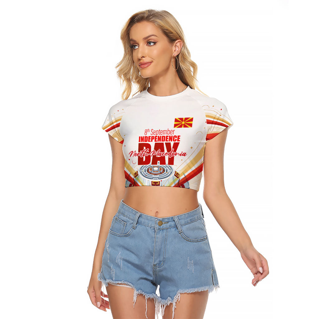 North Macedonia Independence Day Raglan Cropped T Shirt Ilinden Monument Raised Fist Jets Flag