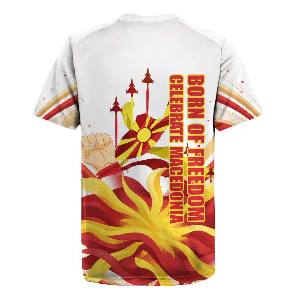 North Macedonia Independence Day Rugby Jersey Ilinden Monument Raised Fist Jets Flag