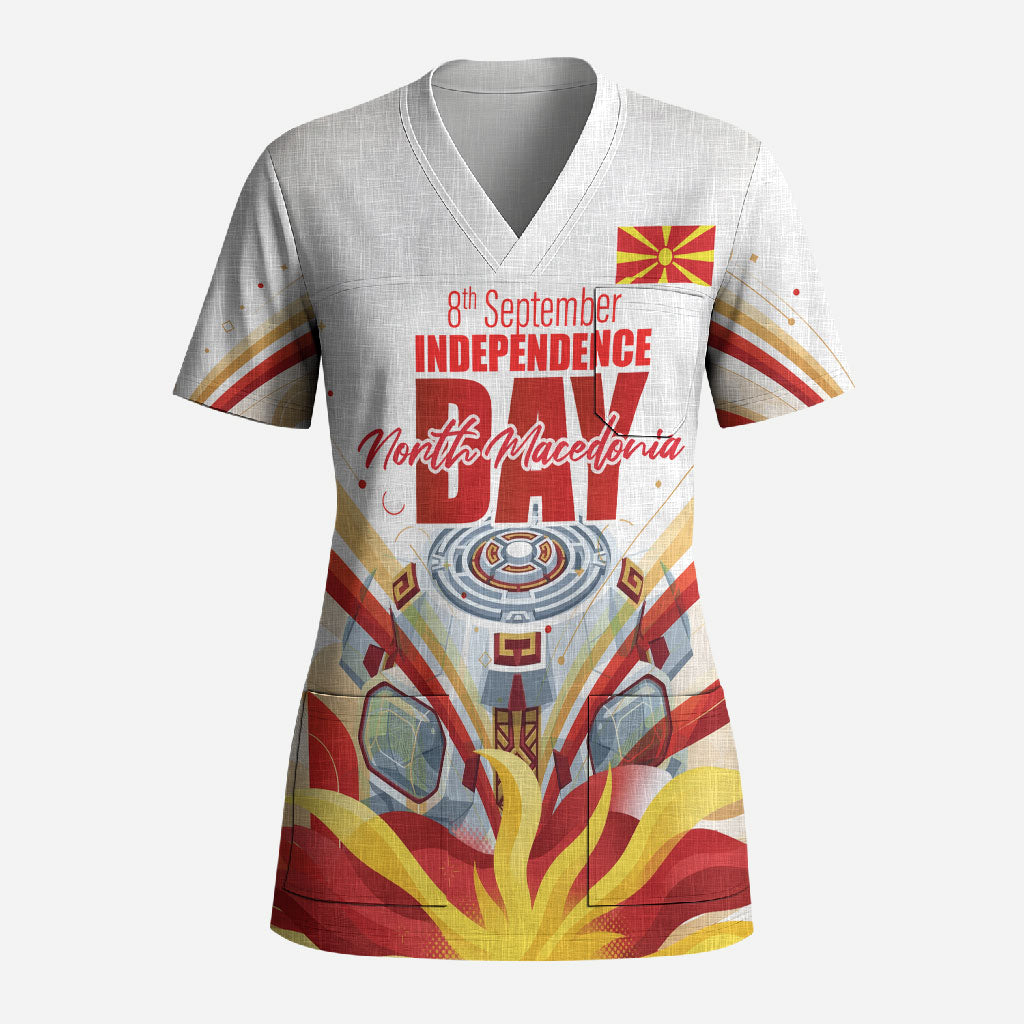 North Macedonia Independence Day Scrub Top Ilinden Monument Raised Fist Jets Flag