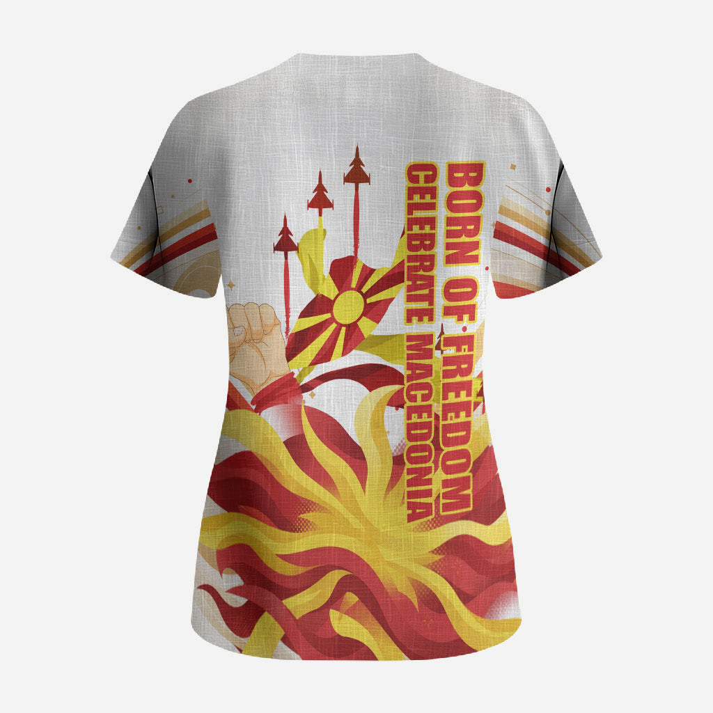 North Macedonia Independence Day Scrub Top Ilinden Monument Raised Fist Jets Flag