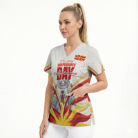 North Macedonia Independence Day Scrub Top Ilinden Monument Raised Fist Jets Flag