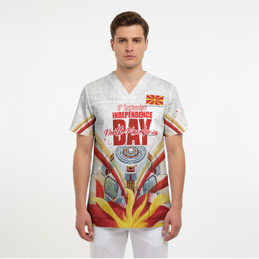 North Macedonia Independence Day Scrub Top Ilinden Monument Raised Fist Jets Flag