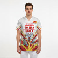 North Macedonia Independence Day Scrub Top Ilinden Monument Raised Fist Jets Flag