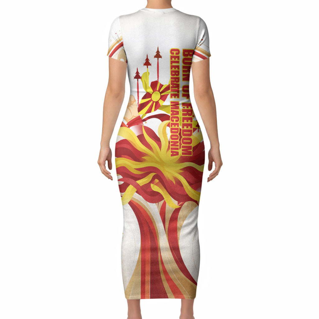 North Macedonia Independence Day Short Sleeve Bodycon Dress Ilinden Monument Raised Fist Jets Flag