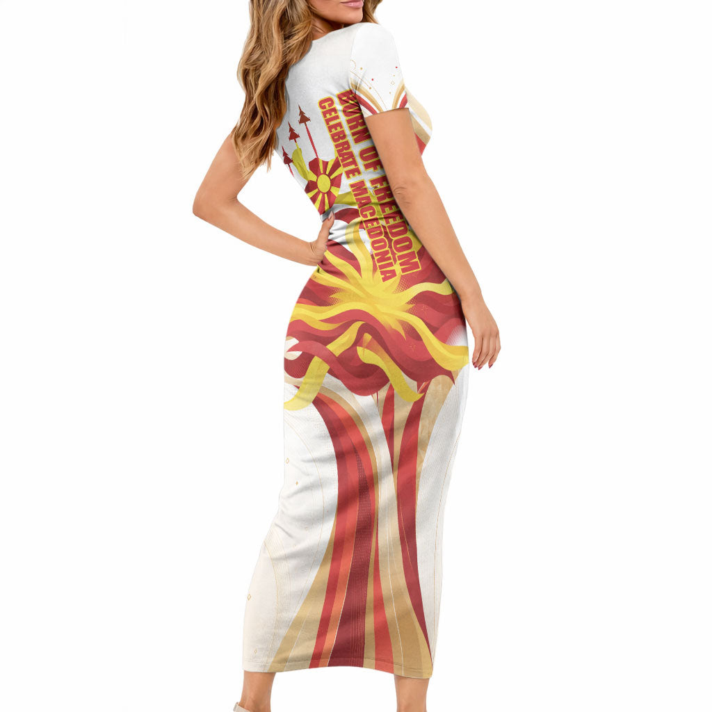 North Macedonia Independence Day Short Sleeve Bodycon Dress Ilinden Monument Raised Fist Jets Flag