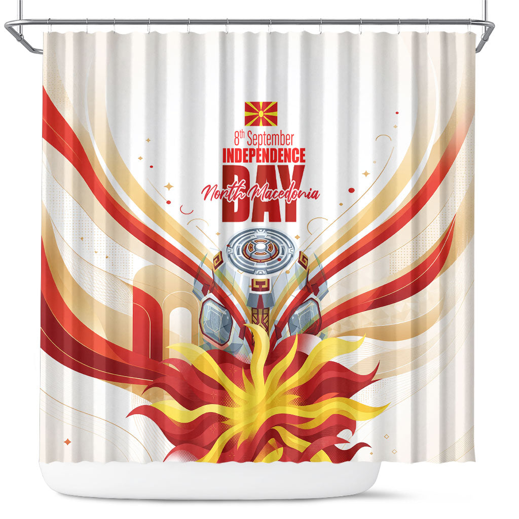 North Macedonia Independence Day Shower Curtain Ilinden Monument Raised Fist Jets Flag