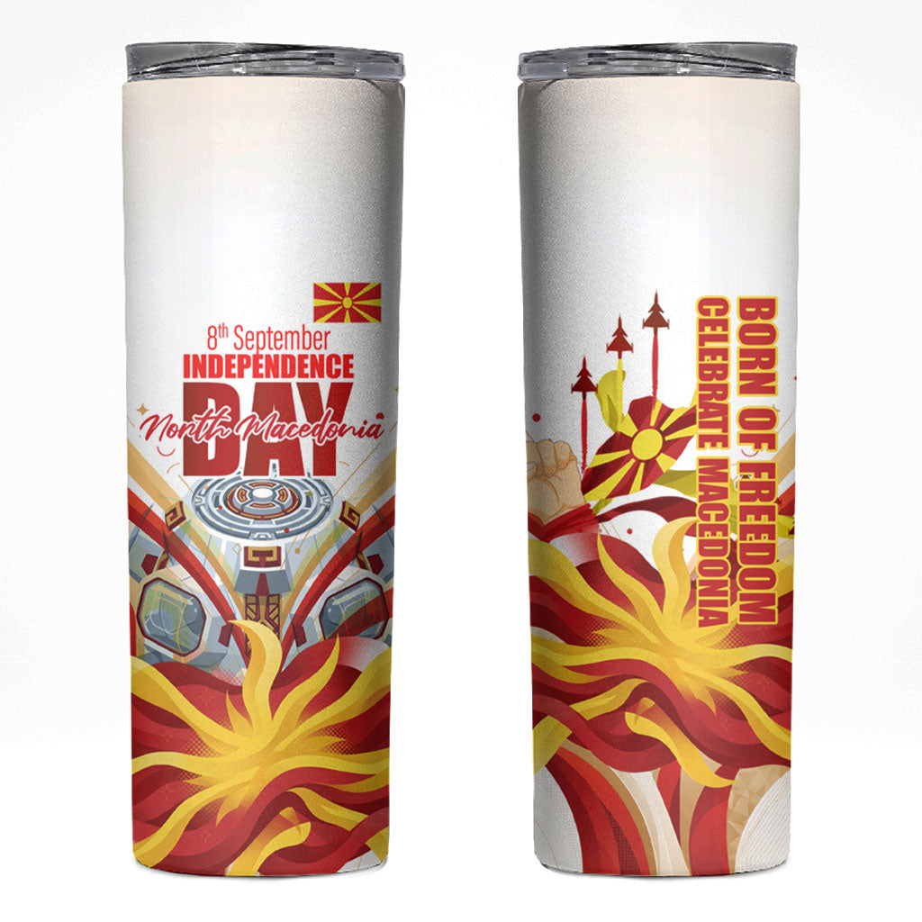 North Macedonia Independence Day Skinny Tumbler Ilinden Monument Raised Fist Jets Flag