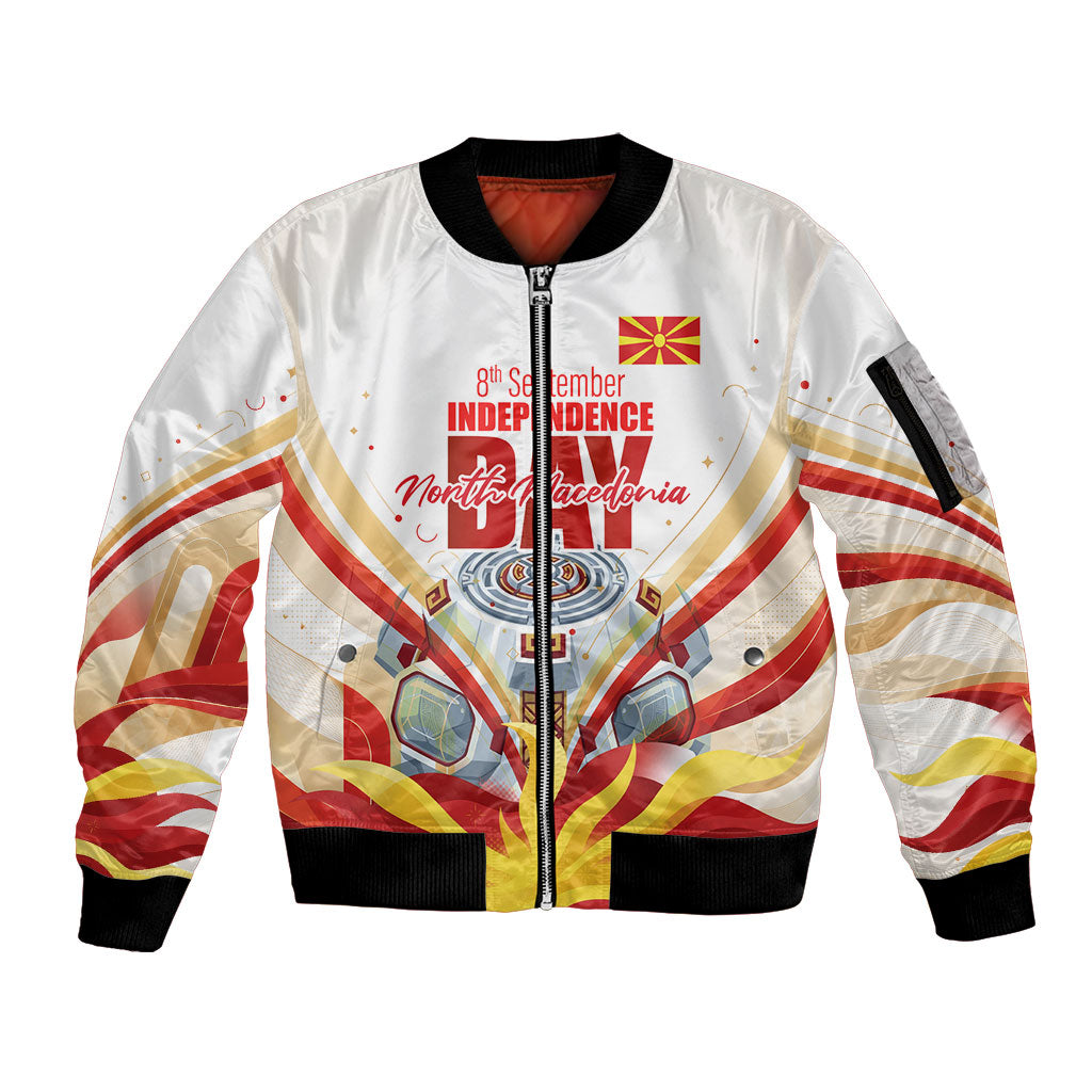 North Macedonia Independence Day Sleeve Zip Bomber Jacket Ilinden Monument Raised Fist Jets Flag