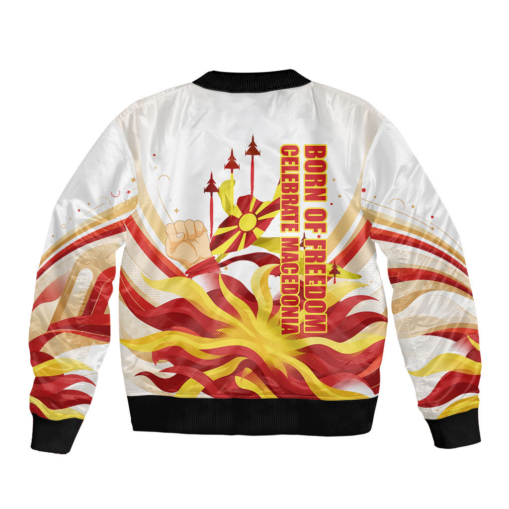 North Macedonia Independence Day Sleeve Zip Bomber Jacket Ilinden Monument Raised Fist Jets Flag