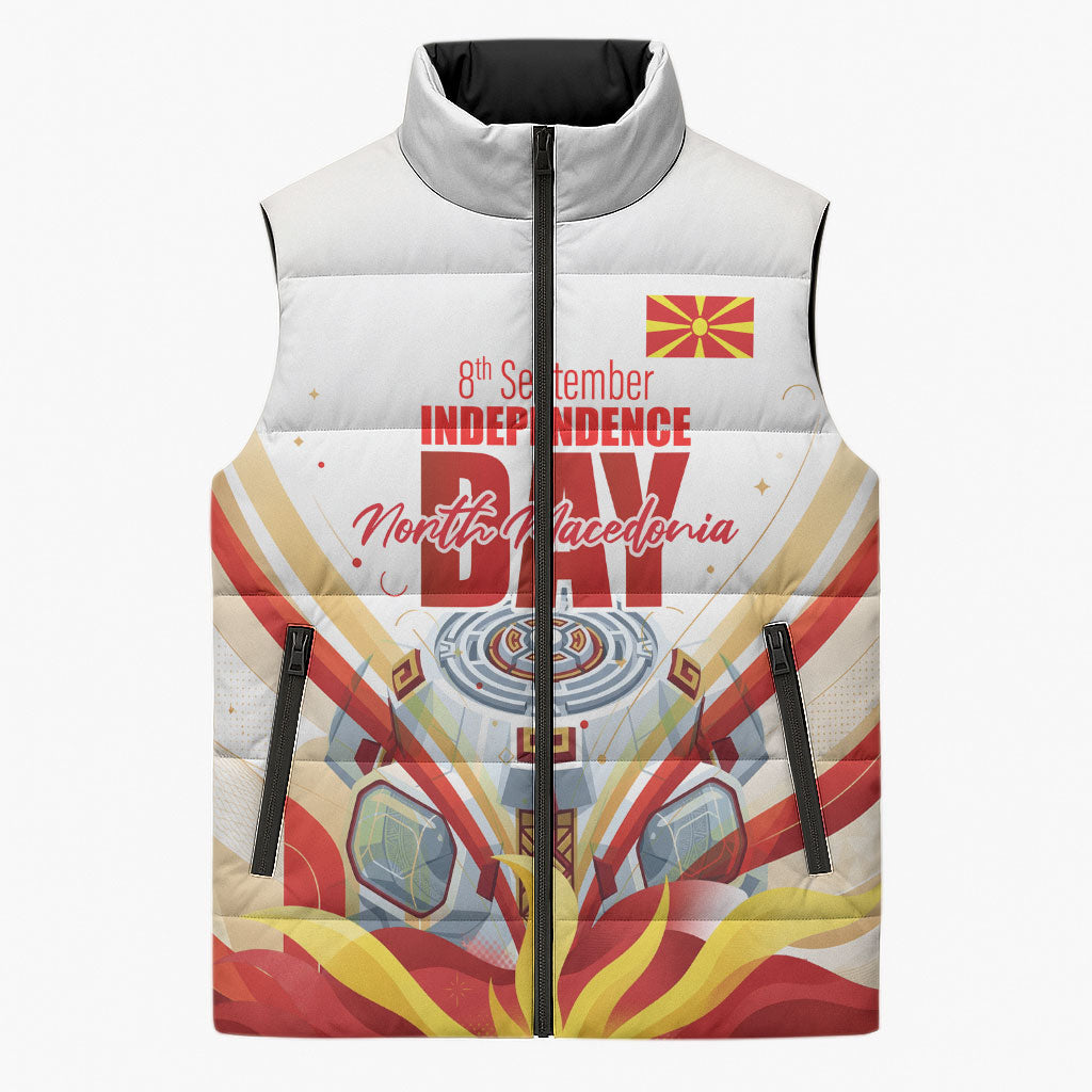 North Macedonia Independence Day Sleeveless Puffer Jacket Ilinden Monument Raised Fist Jets Flag