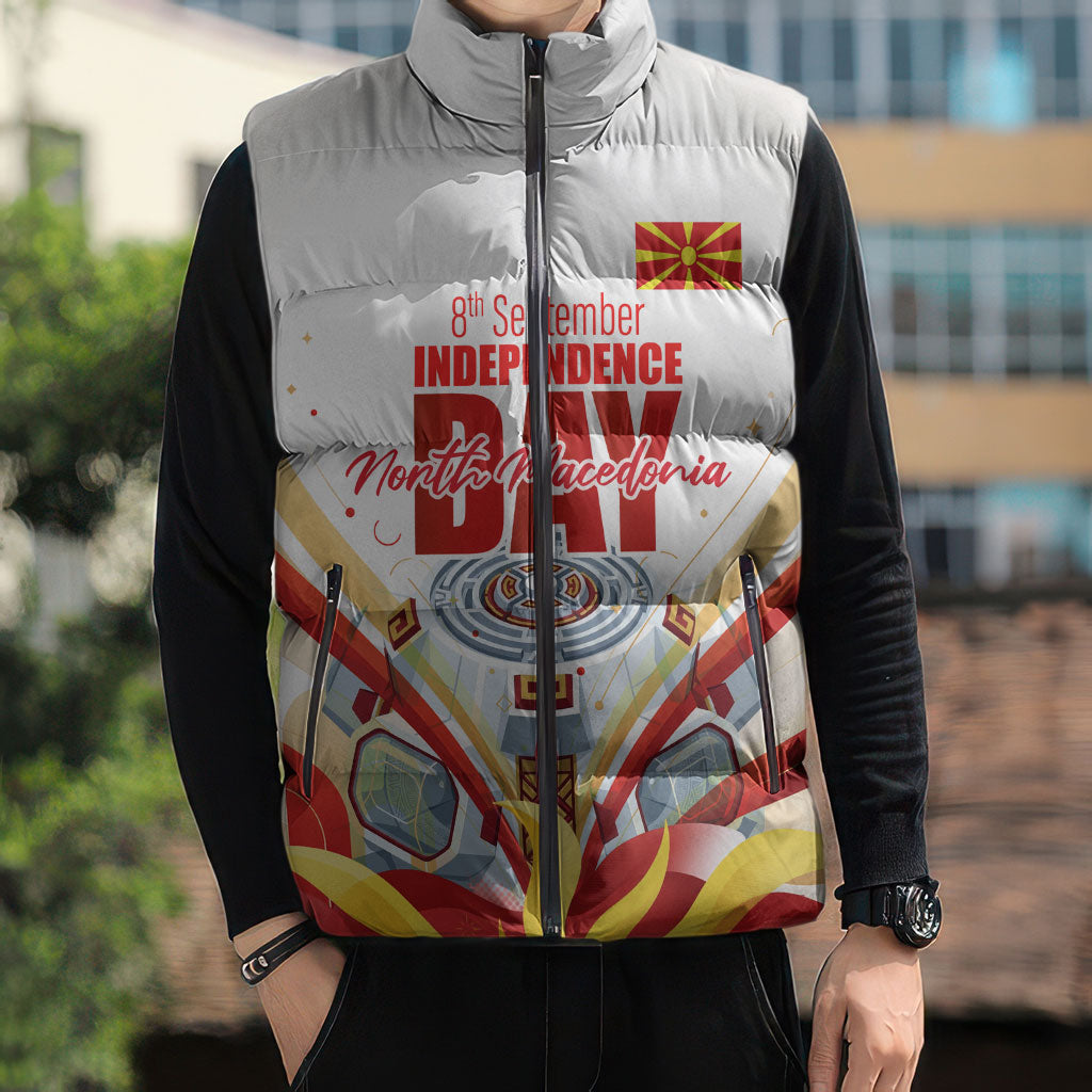 North Macedonia Independence Day Sleeveless Puffer Jacket Ilinden Monument Raised Fist Jets Flag