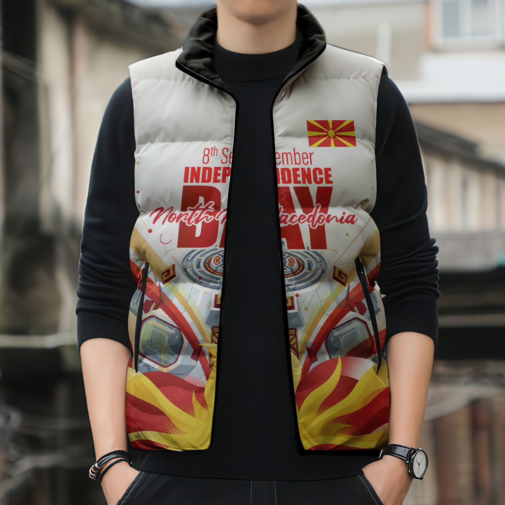 North Macedonia Independence Day Sleeveless Puffer Jacket Ilinden Monument Raised Fist Jets Flag