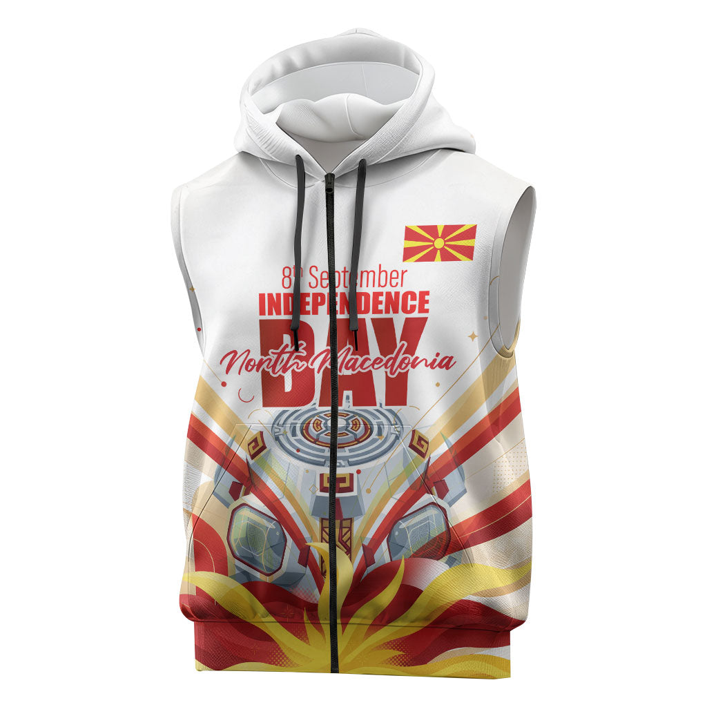 North Macedonia Independence Day Sleeveless Zip Hoodie Ilinden Monument Raised Fist Jets Flag