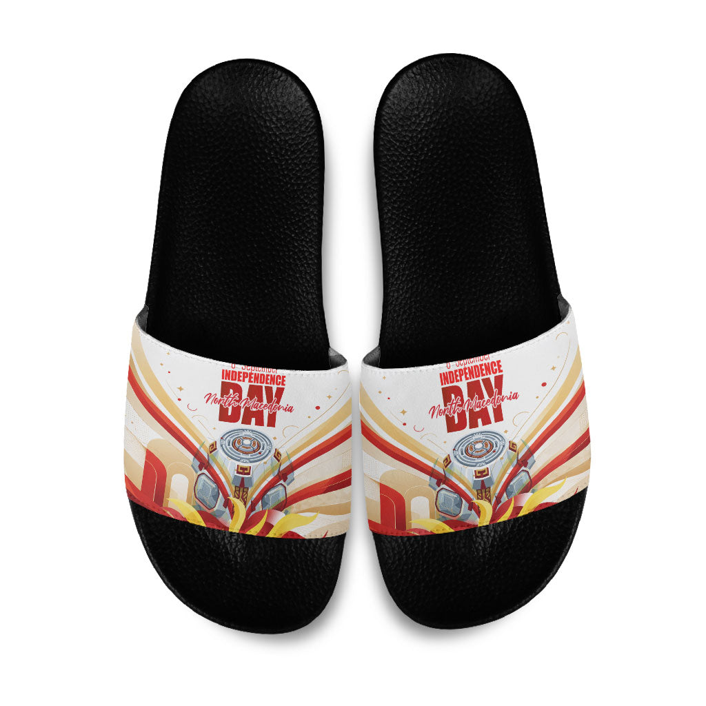 North Macedonia Independence Day Slide Sandals Ilinden Monument Raised Fist Jets Flag