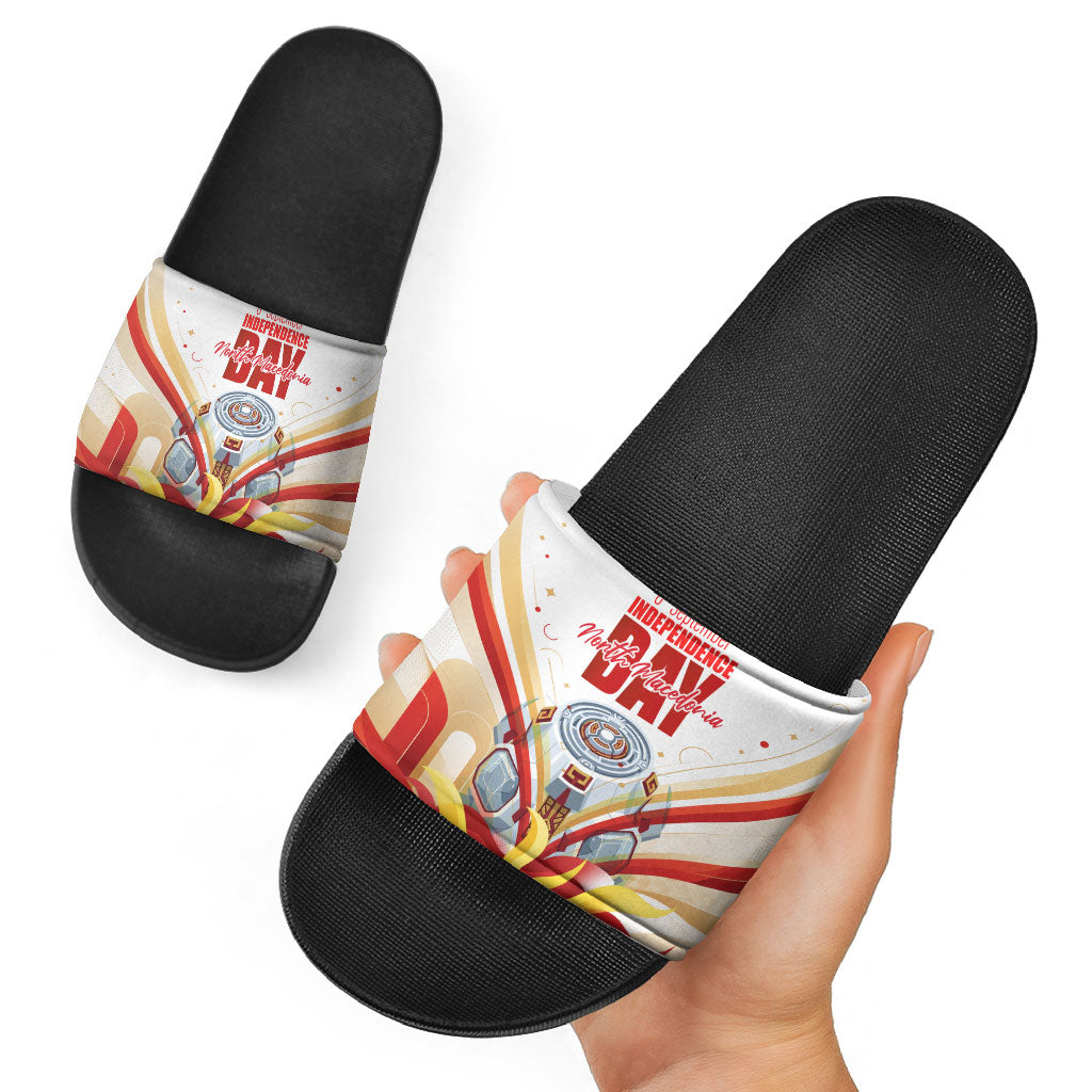 North Macedonia Independence Day Slide Sandals Ilinden Monument Raised Fist Jets Flag