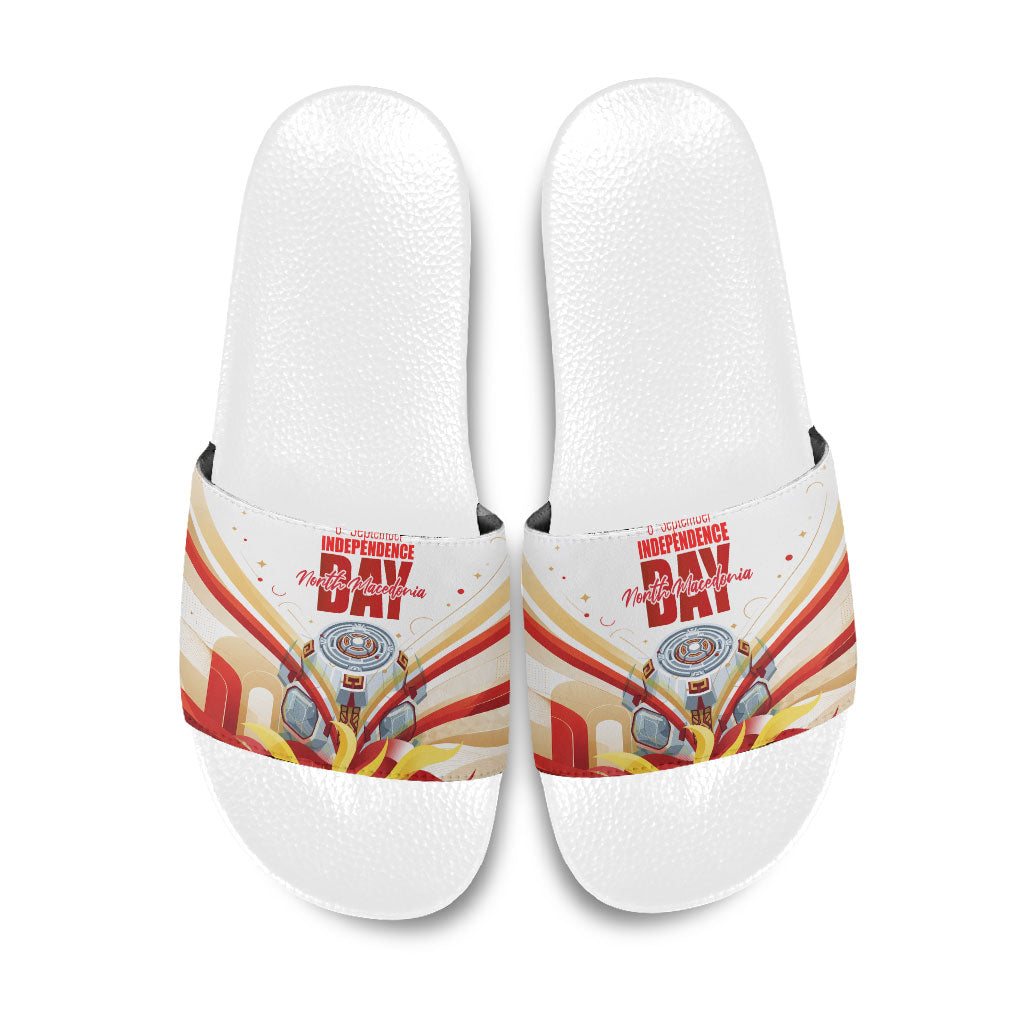 North Macedonia Independence Day Slide Sandals Ilinden Monument Raised Fist Jets Flag