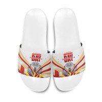 North Macedonia Independence Day Slide Sandals Ilinden Monument Raised Fist Jets Flag
