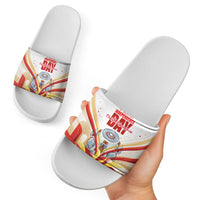 North Macedonia Independence Day Slide Sandals Ilinden Monument Raised Fist Jets Flag