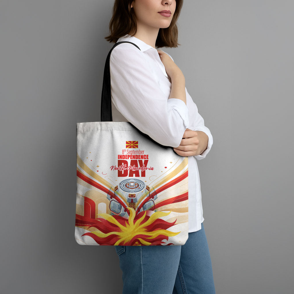 North Macedonia Independence Day Tote Bag Ilinden Monument Raised Fist Jets Flag