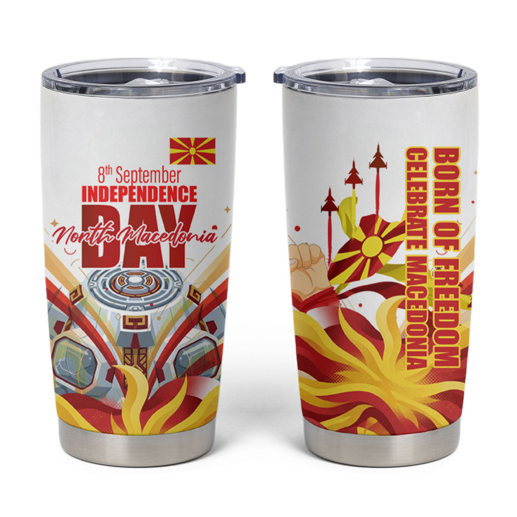 North Macedonia Independence Day Tumbler Cup Ilinden Monument Raised Fist Jets Flag