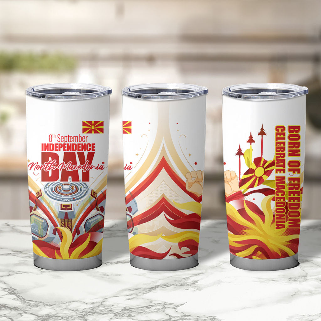 North Macedonia Independence Day Tumbler Cup Ilinden Monument Raised Fist Jets Flag