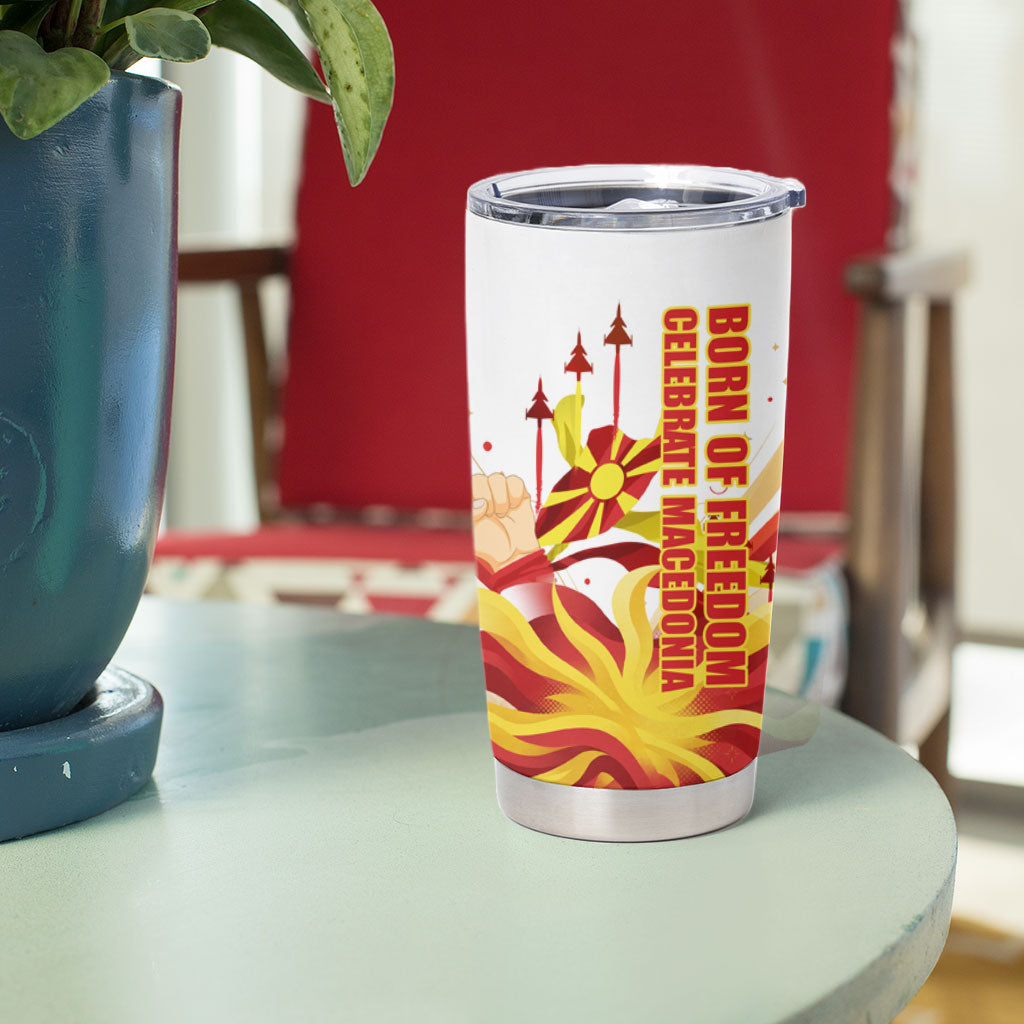 North Macedonia Independence Day Tumbler Cup Ilinden Monument Raised Fist Jets Flag