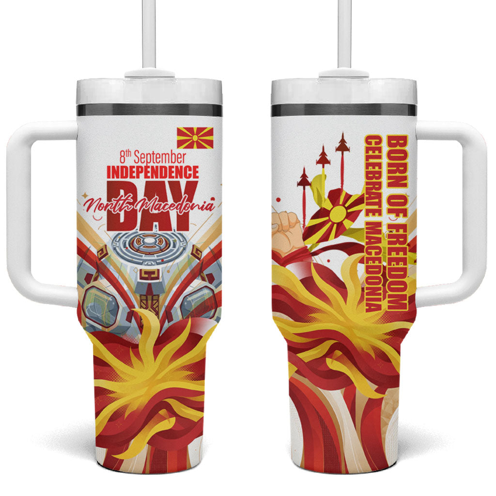North Macedonia Independence Day Tumbler With Handle Ilinden Monument Raised Fist Jets Flag