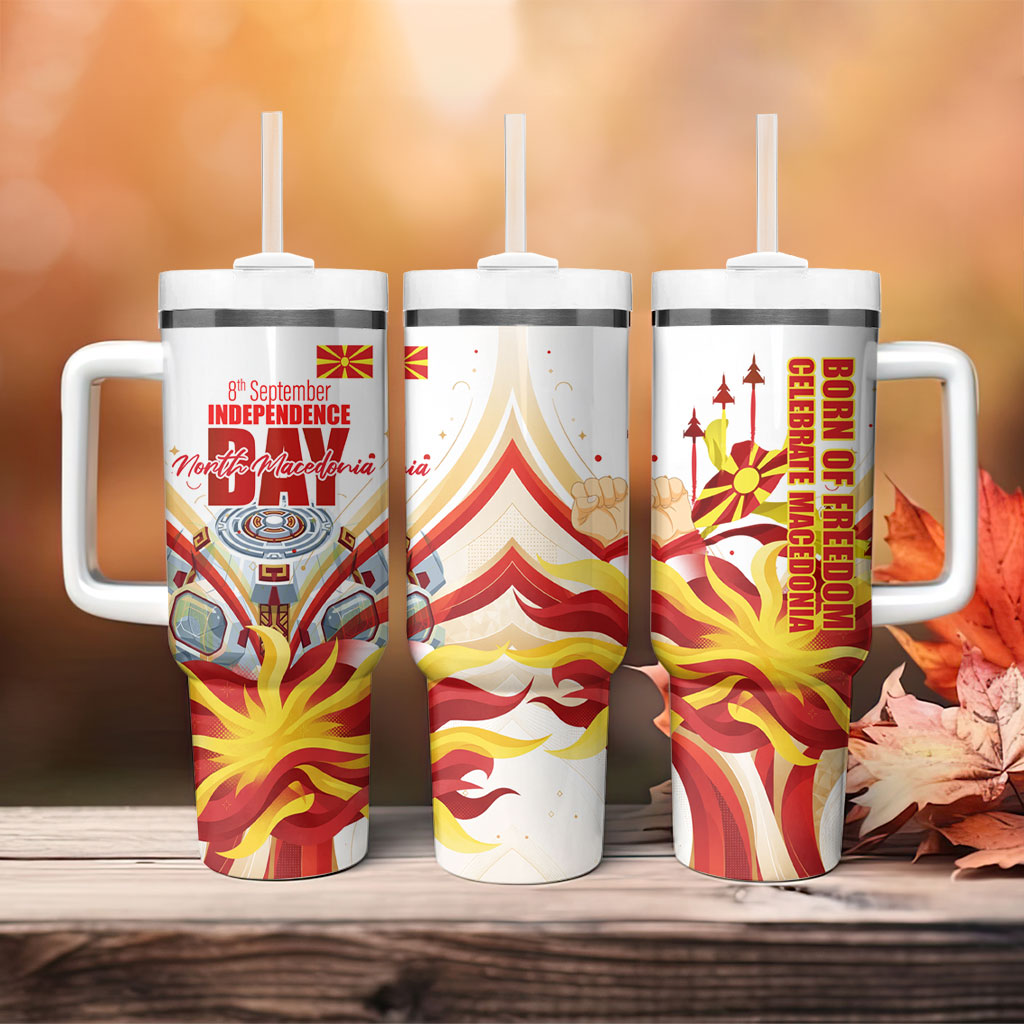 North Macedonia Independence Day Tumbler With Handle Ilinden Monument Raised Fist Jets Flag