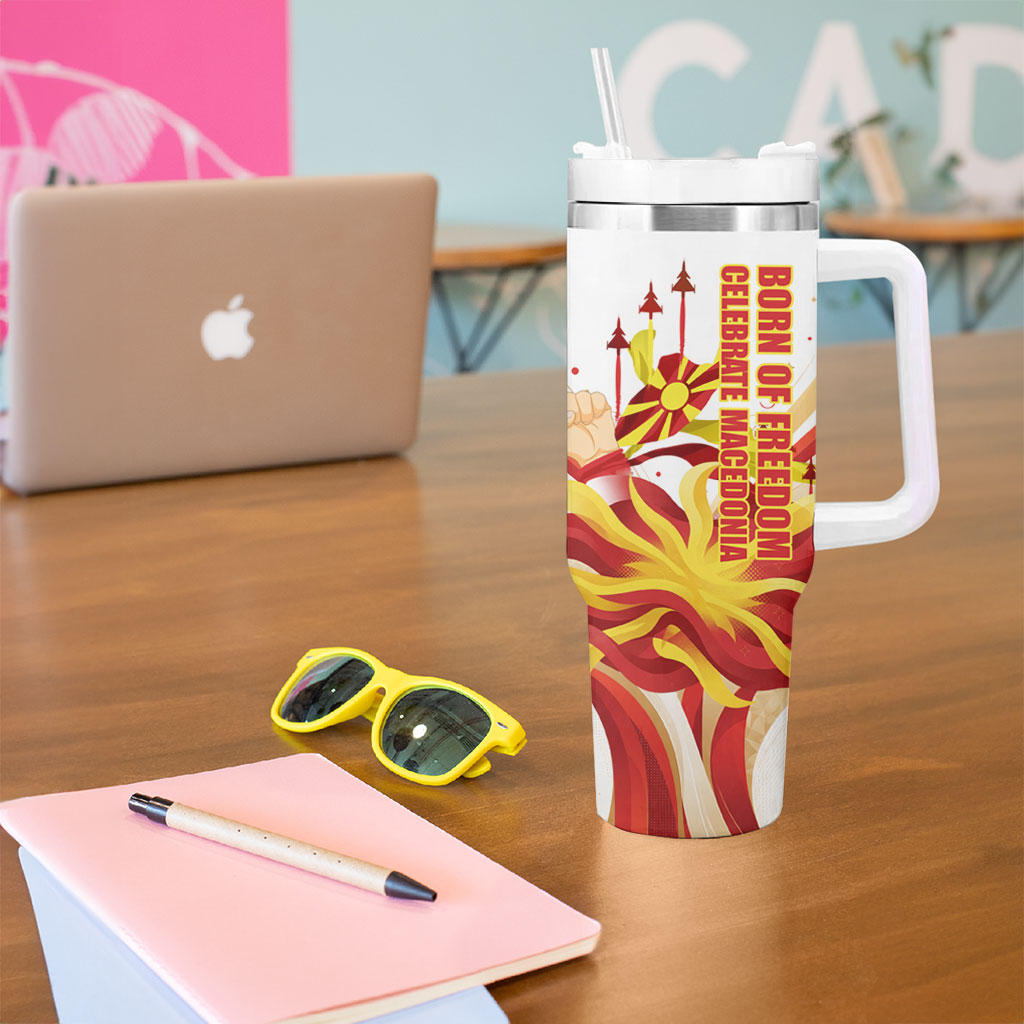 North Macedonia Independence Day Tumbler With Handle Ilinden Monument Raised Fist Jets Flag