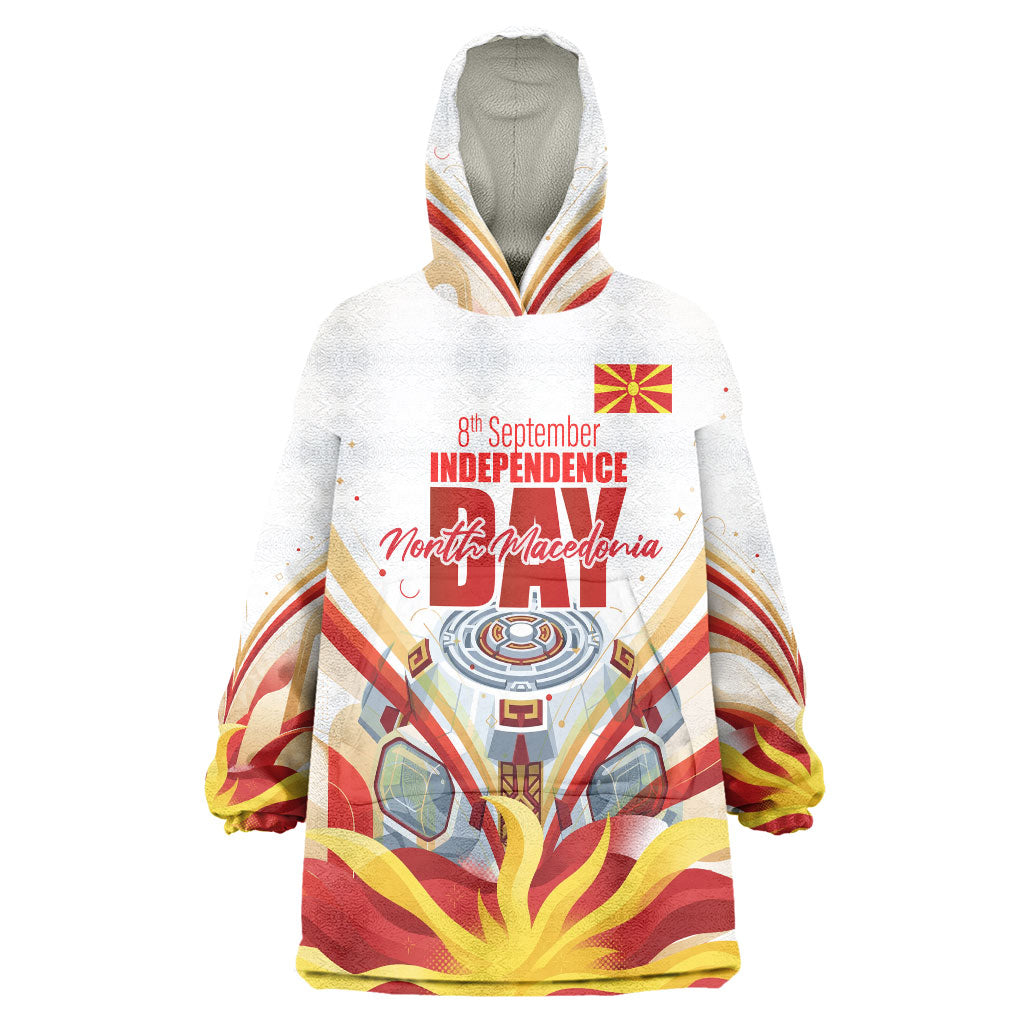 North Macedonia Independence Day Wearable Blanket Hoodie Ilinden Monument Raised Fist Jets Flag