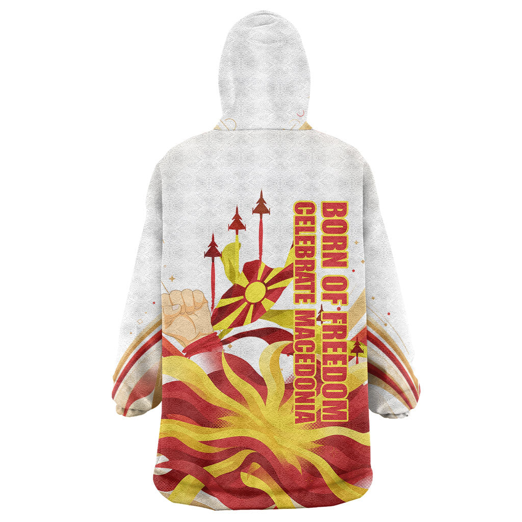 North Macedonia Independence Day Wearable Blanket Hoodie Ilinden Monument Raised Fist Jets Flag
