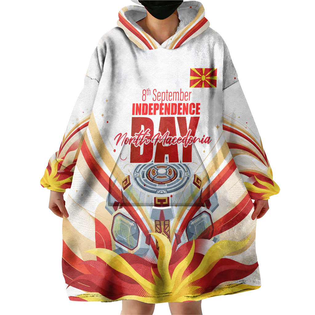 North Macedonia Independence Day Wearable Blanket Hoodie Ilinden Monument Raised Fist Jets Flag
