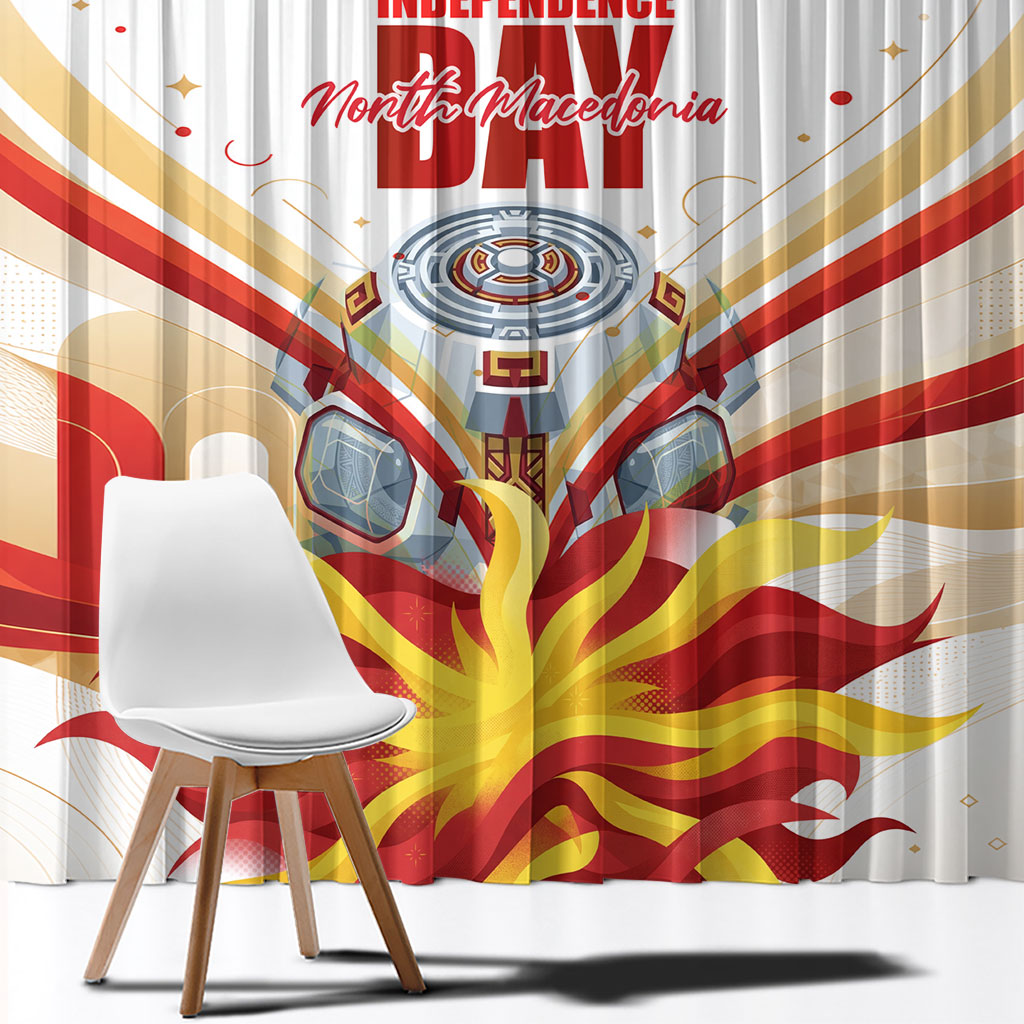North Macedonia Independence Day Window Curtain Ilinden Monument Raised Fist Jets Flag