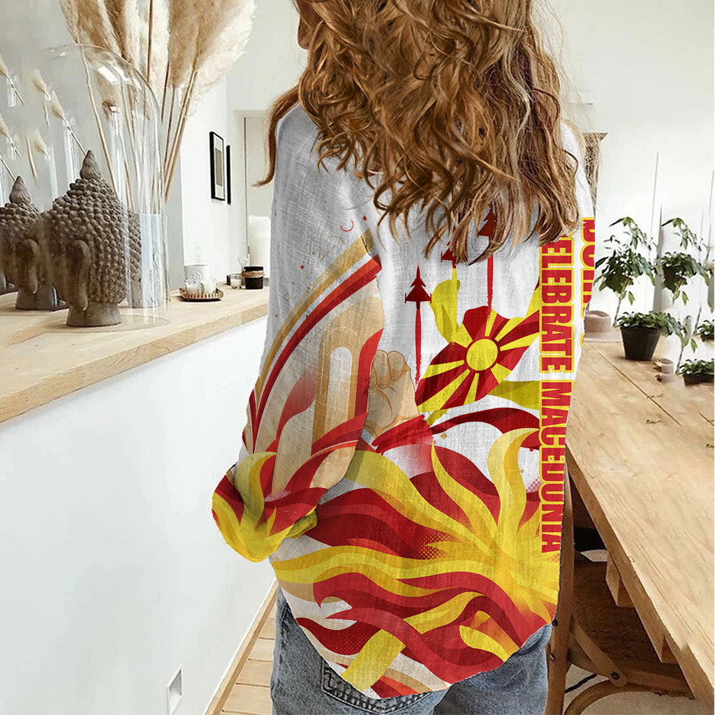 North Macedonia Independence Day Women Casual Shirt Ilinden Monument Raised Fist Jets Flag