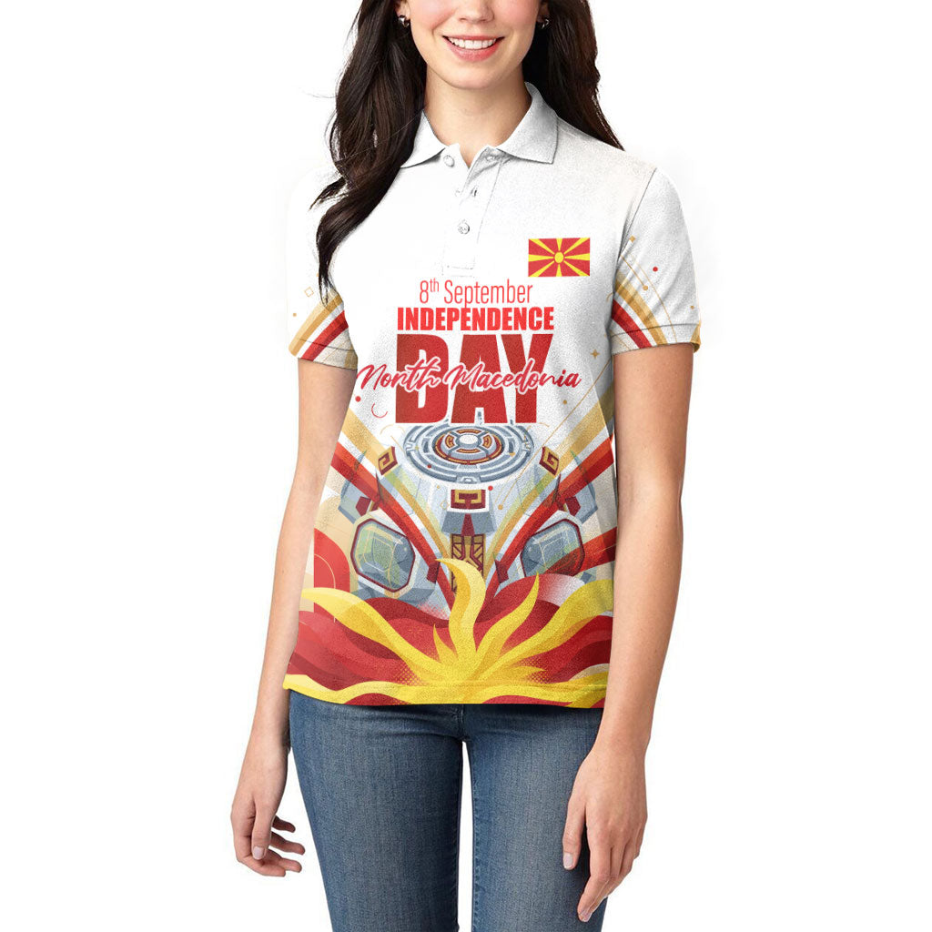 North Macedonia Independence Day Women Polo Shirt Ilinden Monument Raised Fist Jets Flag